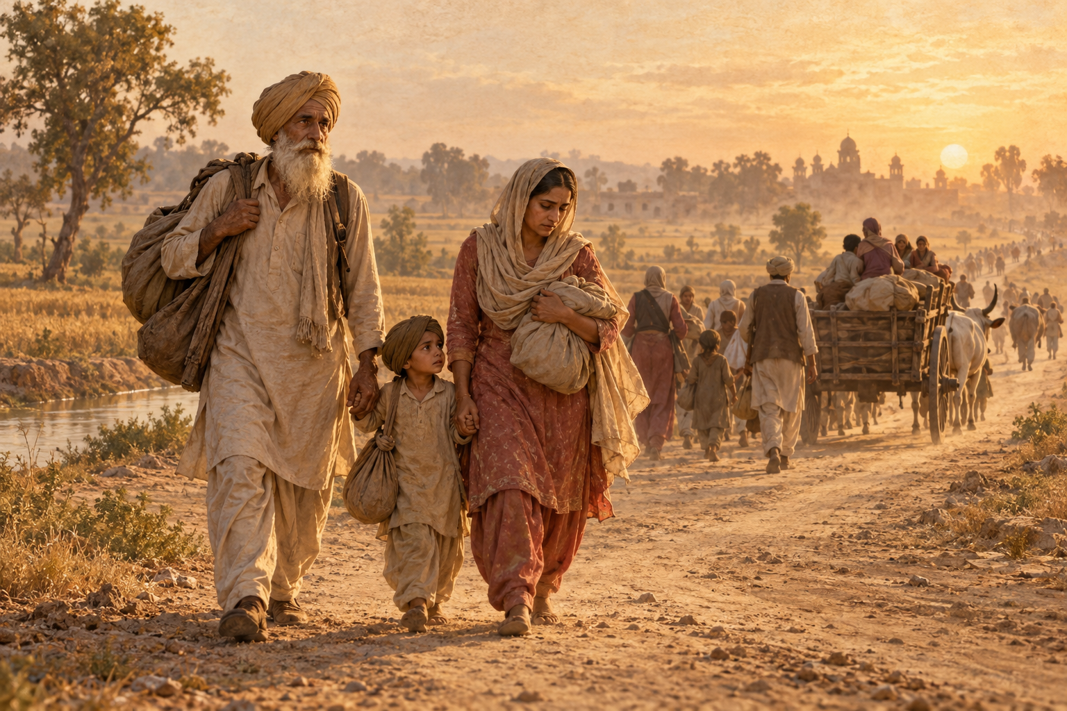 Historical illustration of a Punjabi family displaced during the 1947 Partition